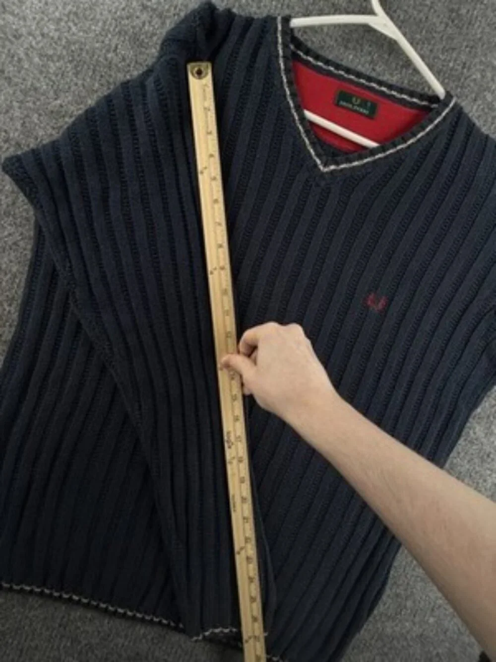 Fred Perry Heavyweight Large Logo V-Neck Blue Men Pullover Sweater Cotton Knit
